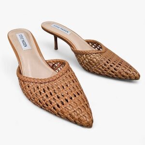 STEVE MADDEN Mantle Tan Brown Woven Pointed Toe Kitten Heel Mules 7.5M